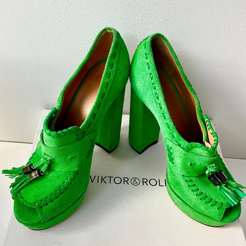 Viktor & Rolf Green Suede Platform Tassel Heels Size EU 39.5- Italy